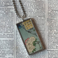 Cherry Blossom, Lake Scene, Japanese woodblock prints, up-cycled to hand-soldered glass pendant