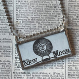 Full moon, New moon, antique woodcut illustrations up-cycled to soldered glass pendant