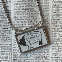 Vintage butcher chart / pork pig illustration, 1940s dictionary, up-cycled to hand-soldered glass pendant