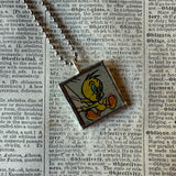 Sylvester, Tweety, vintage 1970s comic illustration, upcycled to soldered hand-soldered glass pendant