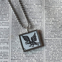 Raven, Demon / Devil with wings, vintage woodcut illustrations, hand-soldered glass pendant