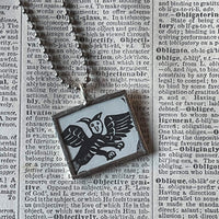 Raven, Demon / Devil with wings, vintage woodcut illustrations, hand-soldered glass pendant