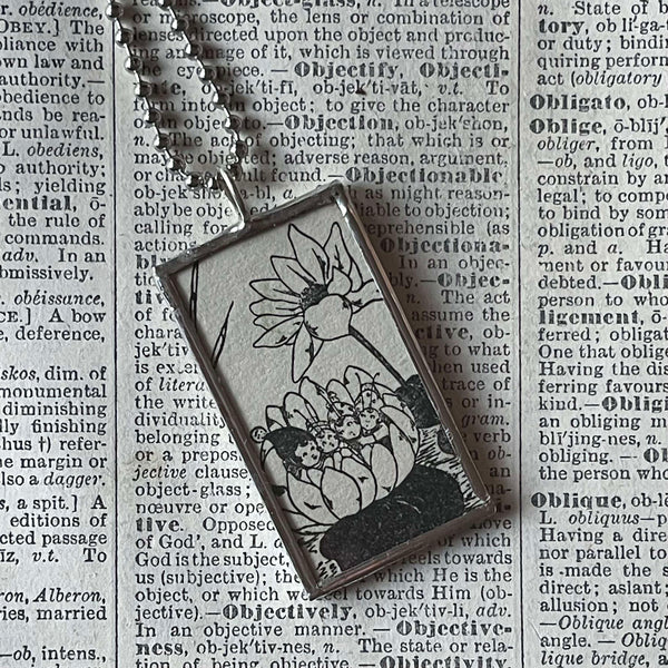 Fairy, Faeries, vintage children's book illustration up-cycled to soldered glass pendant