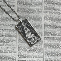 Victorian cemetery scenes, tombstones, vintage book illustrations, hand-soldered glass pendant