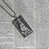 Victorian cemetery scenes, tombstones, vintage book illustrations, hand-soldered glass pendant