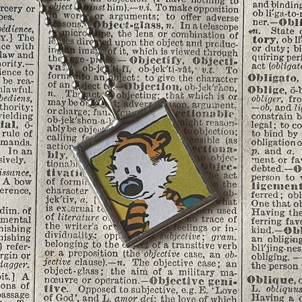 Calvin & Hobbes, original vintage comic book illustrations, upcycled to soldered glass pendant