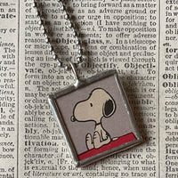 Snoopy, Woodstock, comic strip illustrations from vintage Peanuts book, up-cycled to hand-soldered glass pendant