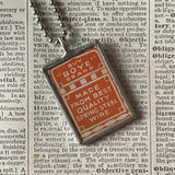 Sewing needle vintage packaging typography,  upcycled to soldered glass pendant