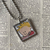 Calvin & Hobbes, original vintage comic book illustrations, upcycled to soldered glass pendant