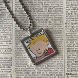 Calvin & Hobbes, original vintage comic book illustrations, upcycled to soldered glass pendant