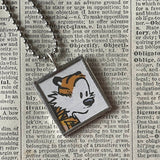 Calvin & Hobbes, original vintage comic book illustrations, upcycled to soldered glass pendant