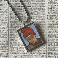 Boy & Mitten, illustrations from The Mitten, up-cycled to hand-soldered glass pendant