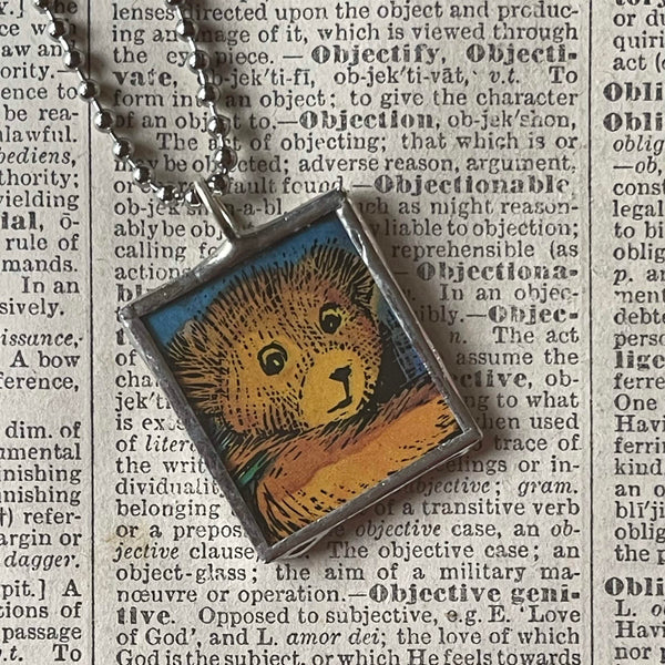 Corduroy, vintage children's book illustrations, up-cycled to soldered glass pendant