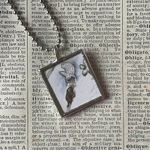Hedgehog & Mitten, illustrations from The Mitten, up-cycled to hand-soldered glass pendant