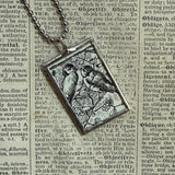 Birds and nest, vintage illustrations upcycled to soldered glass pendant