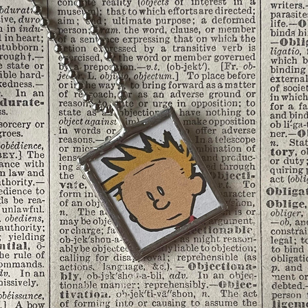 Calvin & Hobbes, original vintage comic book illustrations, upcycled to soldered glass pendant