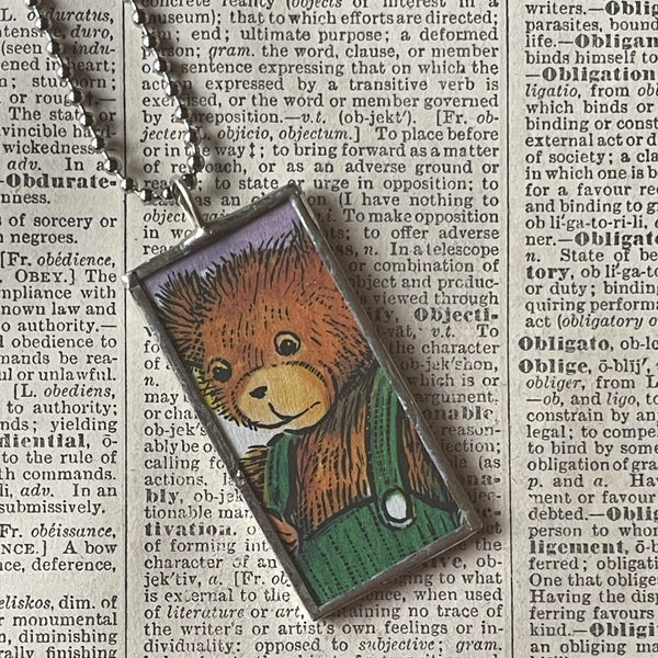 Corduroy, vintage children's book illustrations, up-cycled to soldered glass pendant