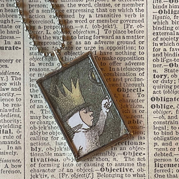 Wild Things, Max, Sendak, vintage children's book illustrations, up-cycled to soldered glass pendant