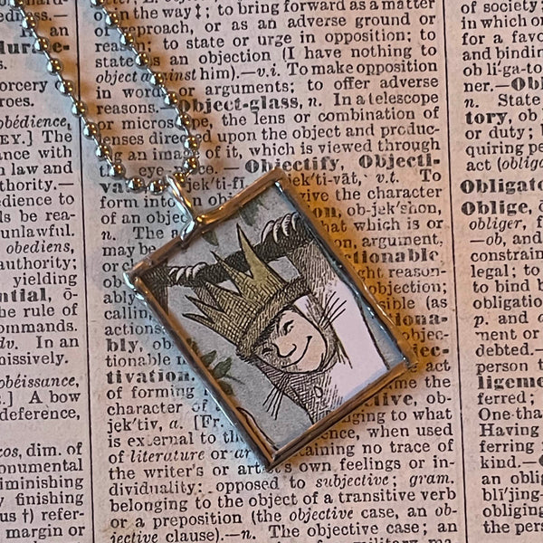 Wild Things, Max, Sendak, vintage children's book illustrations, up-cycled to soldered glass pendant