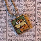 The Lorax, original illustrations from vintage book, up-cycled to soldered glass pendant