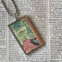 Paris France, Eiffel Tower, hand-soldered glass pendant, vintage travel poster illustrations,  upcycled to soldered glass pendant