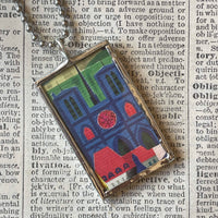 Paris France, Eiffel Tower, hand-soldered glass pendant, vintage travel poster illustrations,  upcycled to soldered glass pendant