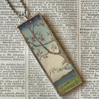 Cherry trees in blossom, Mt. Fuji, Japanese woodblock prints, up-cycled to hand-soldered glass pendant