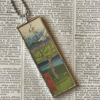 Cherry trees in blossom, Mt. Fuji, Japanese woodblock prints, up-cycled to hand-soldered glass pendant