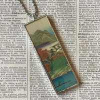 Autumn leaves, mountains and river, Japanese woodblock prints, up-cycled to hand-soldered glass pendant