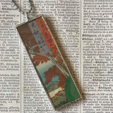 Autumn leaves, mountains and river, Japanese woodblock prints, up-cycled to hand-soldered glass pendant