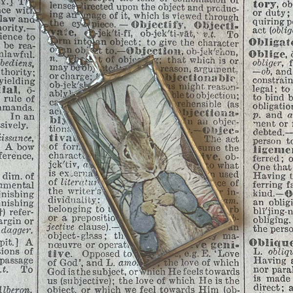 Peter Rabbit, Beatrix Potter, original illustrations from vintage, children's classic book, up-cycled to soldered glass pendant