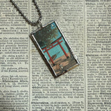Shino arch, Mt. Fuji, Japanese woodblock prints, up-cycled to hand-soldered glass pendant