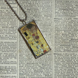 Gustav Klimt, The Kiss and nude, geometric design, 2-sided soldered glass pendant
