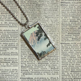 Pagoda, Mt. Fuji, Japanese woodblock prints, up-cycled to hand-soldered glass pendant