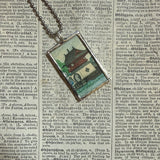 Pagoda, Mt. Fuji, Japanese woodblock prints, up-cycled to hand-soldered glass pendant