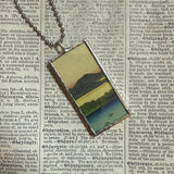 Cherry blossom trees, lake scene, Japanese woodblock prints, up-cycled to hand-soldered glass pendant