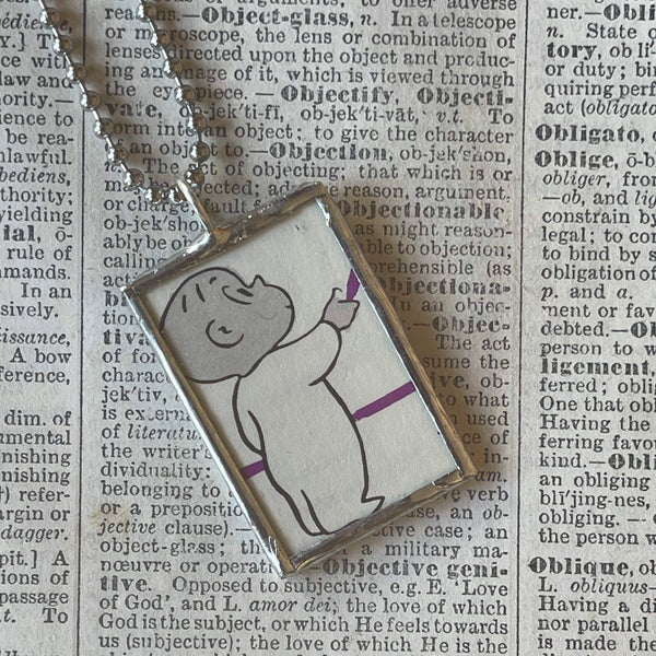Harold and the Purple Crayon, vintage children's book illustrations, hand-soldered glass pendant