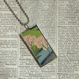 Cherry blossom trees, lake scene, Japanese woodblock prints, up-cycled to hand-soldered glass pendant
