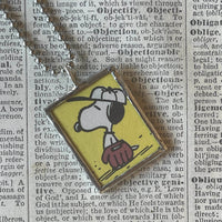 Snoopy, Woodstock, comic strip illustrations from vintage Peanuts book, up-cycled to hand-soldered glass pendant