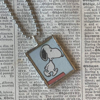 Snoopy, Woodstock, comic strip illustrations from vintage Peanuts book, up-cycled to hand-soldered glass pendant