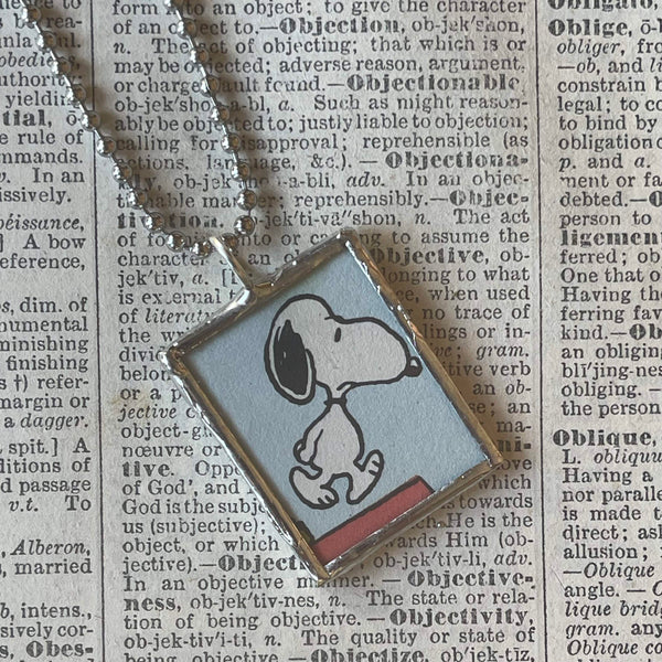 Snoopy, Woodstock, comic strip illustrations from vintage Peanuts book, up-cycled to hand-soldered glass pendant