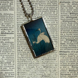 White Crane, Egret, wetlands, Japanese woodblock prints, up-cycled to hand-soldered glass pendant