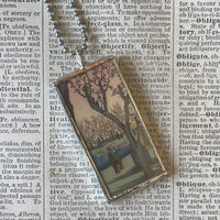 Hiroshige Plum Blossoms, Japanese woodblock prints, up-cycled to hand-soldered glass pendant