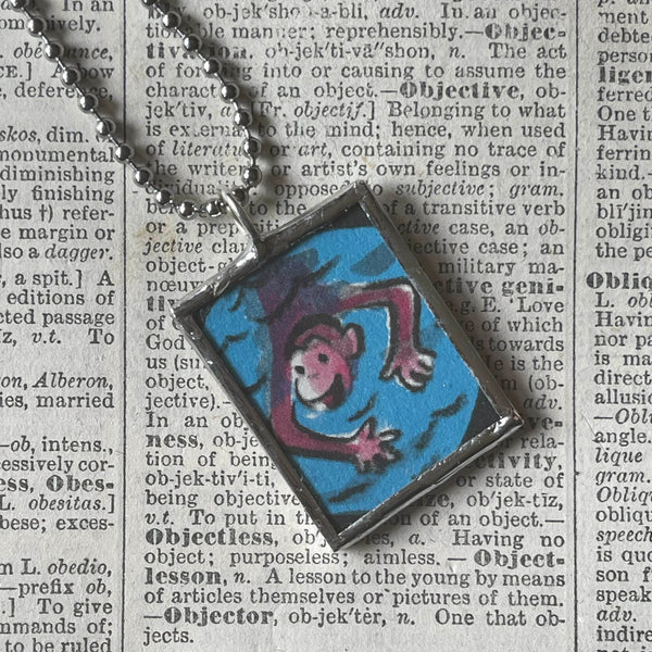 Curious George, original vintage childrens' book illustrations, upcycled to soldered glass pendant