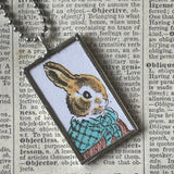 Country Bunny and the Gold Shoes, original illustrations from vintage book, up-cycled to soldered glass pendant