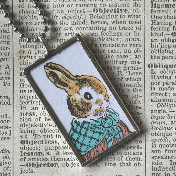 Country Bunny and the Gold Shoes, original illustrations from vintage book, up-cycled to soldered glass pendant