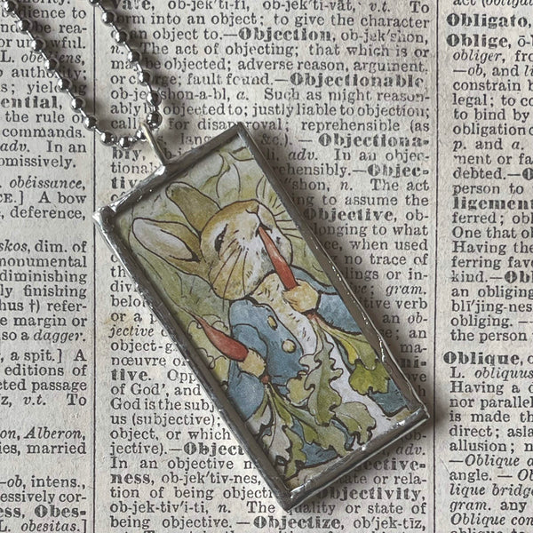 Peter Rabbit, Beatrix Potter, original illustrations from vintage, children's classic book, up-cycled to soldered glass pendant