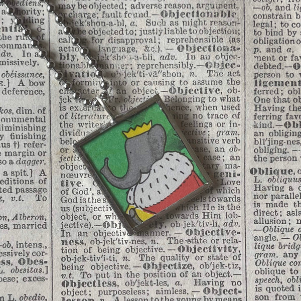 Babar, original vintage 1960s book illustrations, upcycled to soldered glass pendant