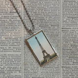 Paris France, Eiffel Tower, Arc de Triomphe, hand-soldered glass pendant, vintage illustrations,  upcycled to soldered glass pendant