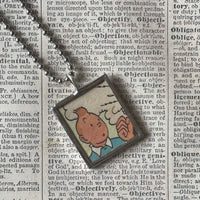 Tintin and Captain Haddock, original vintage 1960s book illustrations, upcycled to soldered glass pendant
